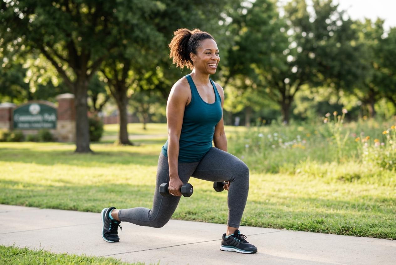 Adult doing a dumbbell lunge workout outdoors in a park, wearing a teal tank top and gray leggings, smiling.