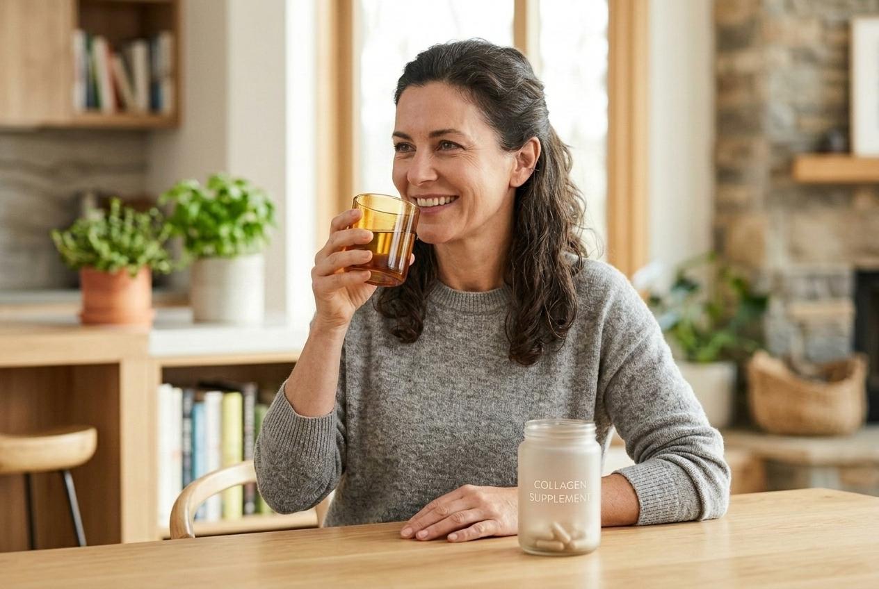 Adult smiling while drinking from an amber glass at a wooden table, with a collagen supplement jar nearby in a bright home setting.