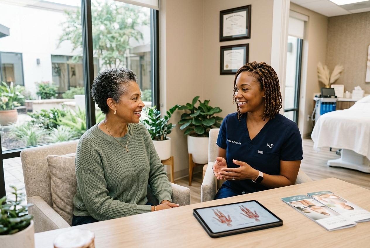 Nurse practitioner consulting with a patient at a desk in a modern medical office, with a tablet and brochures on the table.