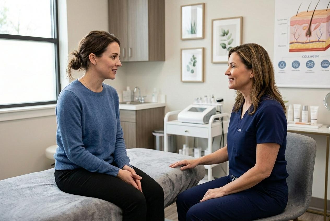 Two adults in a skincare clinic consultation, one in scrubs, seated near a collagen diagram and medical equipment.